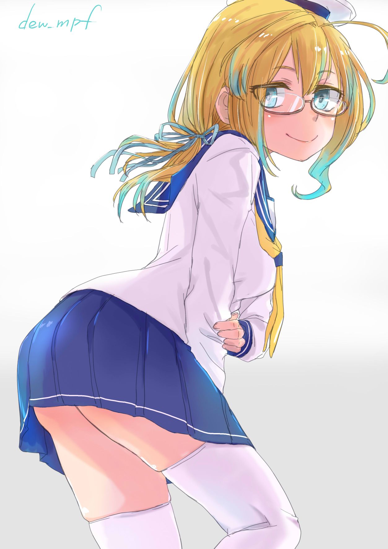 1girl, alternate_costume, blonde_hair, blue_eyes, blue_sailor_collar, blue_skirt, breasts, cowboy_shot