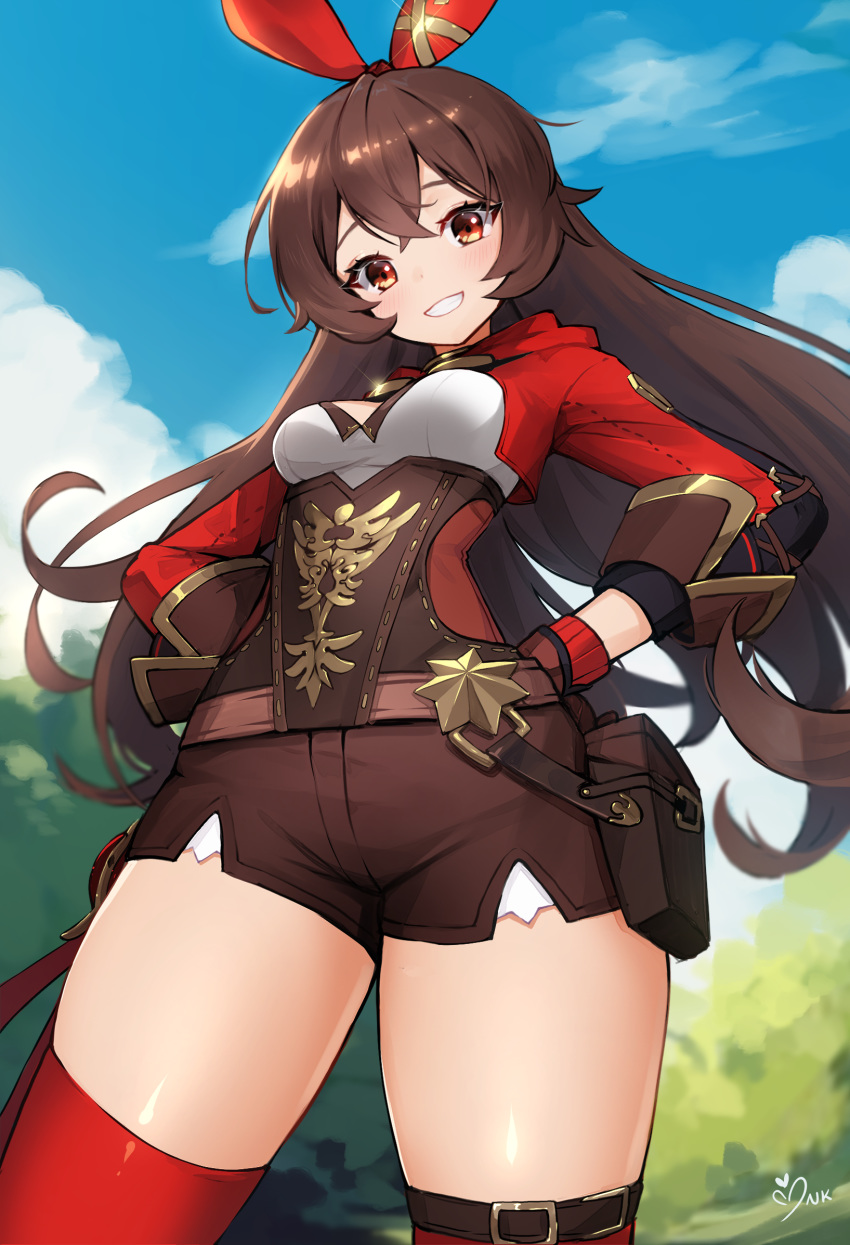 1girl, amber_(genshin_impact), ankkoyom, blue_sky, blush, brown_hair, brown_shorts, clenched_teeth