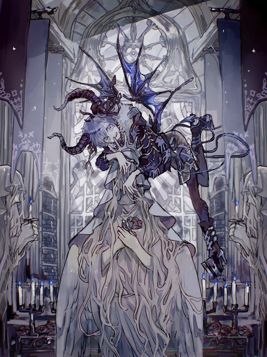 absurdres, androgynous, angel_statue, black_footwear, black_horns, black_legwear, blue_fire, candle, fire, grey_theme, high_heels, highres, horns, huge_filesize, indoors, looking_at_viewer, midair, original, silver_hair, sionagasu, solo, statue, window, wings