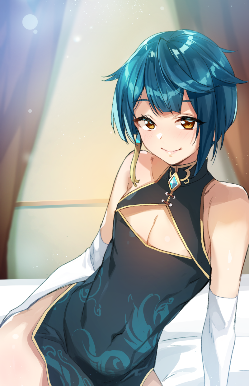 1boy, bangs, bed, blue_dress, blue_hair, brown_eyes, china_dress, chinese_clothes, cleavage_cutout, clothing_cutout, covered_navel, ddolggol, dress, elbow_gloves, eyebrows_visible_through_hair, genshin_impact, gloves, hair_flaps, highres, korean_commentary, male_focus, on_bed, otoko_no_ko, sitting, sleeveless, sleeveless_dress, smile, solo, white_gloves, xingqiu_(genshin_impact)
