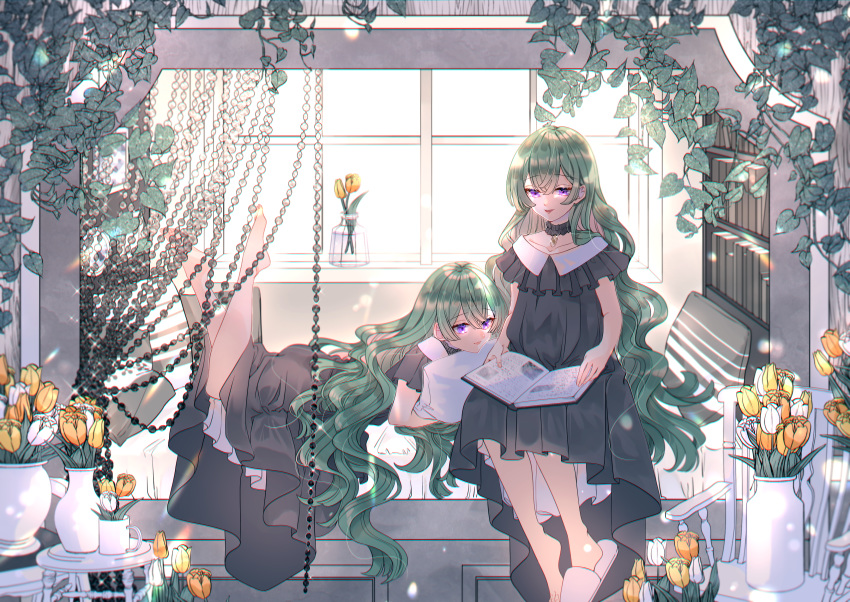 2girls, absurdres, barefoot, bead_curtain, bed, black_choker, black_dress, book