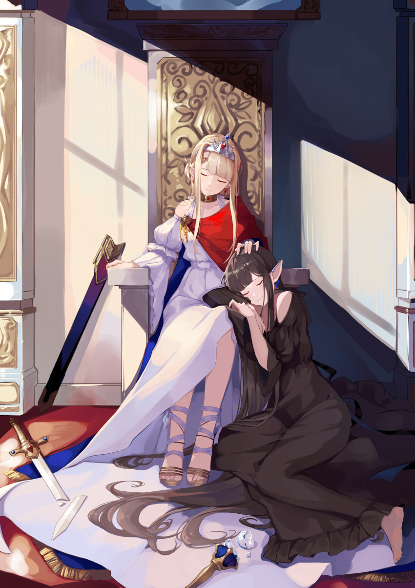 2girls, absurdres, bangs, bare_shoulders, barefoot, black_dress, black_hair, blonde_hair