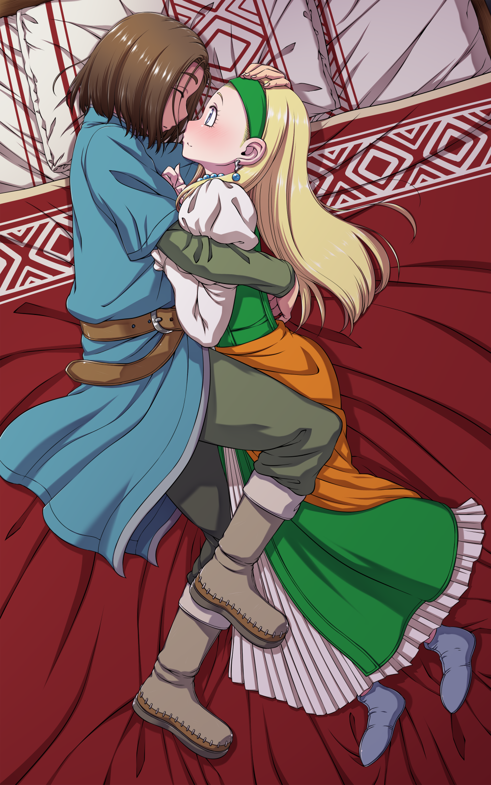 1boy, 1girl, bed, blonde_hair, blue_eyes, blush, brown_hair, character_request