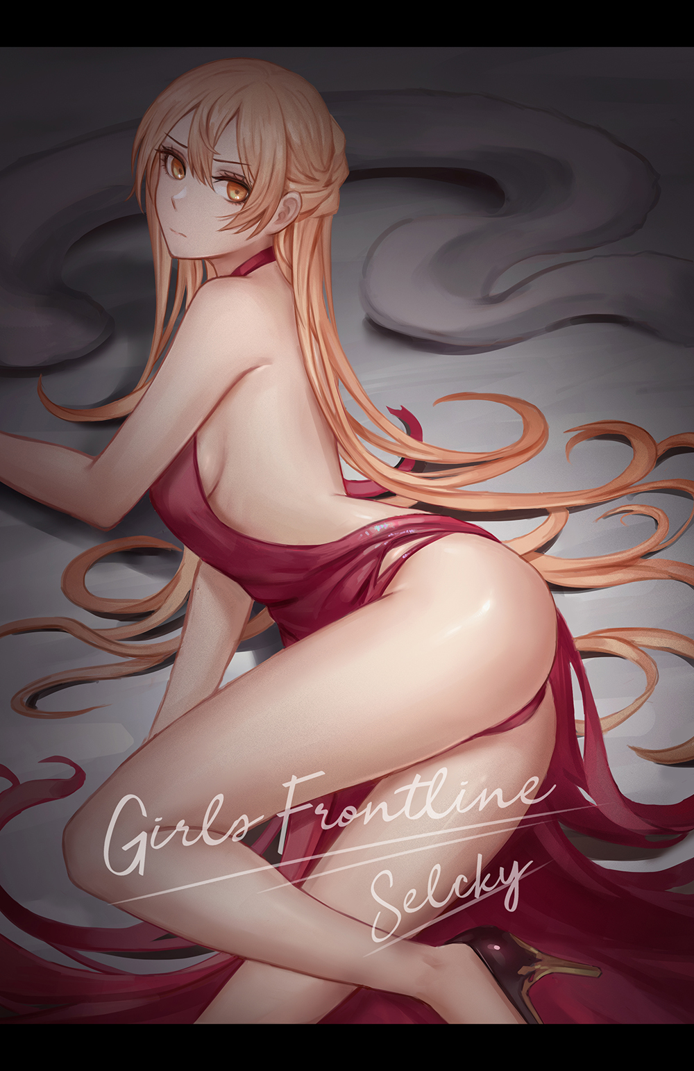 1girl, back, bare_back, bare_legs, bare_shoulders, bare_thighs, blonde_hair, braid