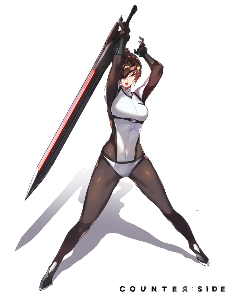 1girl, arms_up, black_eyepatch, black_gloves, bodysuit, brown_hair, copyright_name, counter_side, covered_navel, ddolggol, english_text, eyepatch, gloves, greatsword, highres, holding, holding_sword, holding_weapon, jewelry, navel, open_mouth, orange_eyes, ponytail, shadow, shiny, shiny_hair, short_hair, single_earring, skin_tight, solo, sword, teeth, tongue, weapon, white_background