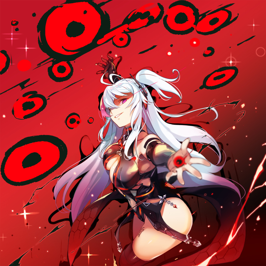 1girl, antenna_hair, ass, bare_shoulders, breasts, covered_navel, ddolggol, diffraction_spikes