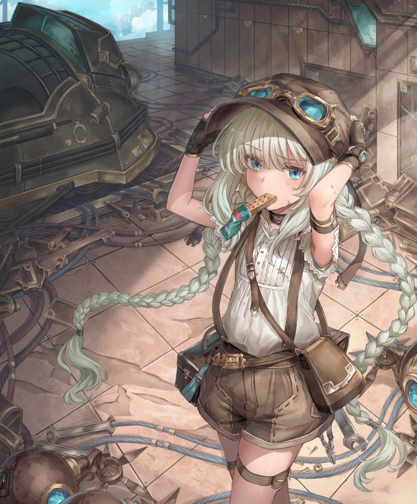 1girl, absurdres, arm_belt, blue_eyes, braid, brown_gloves, brown_headwear, candy