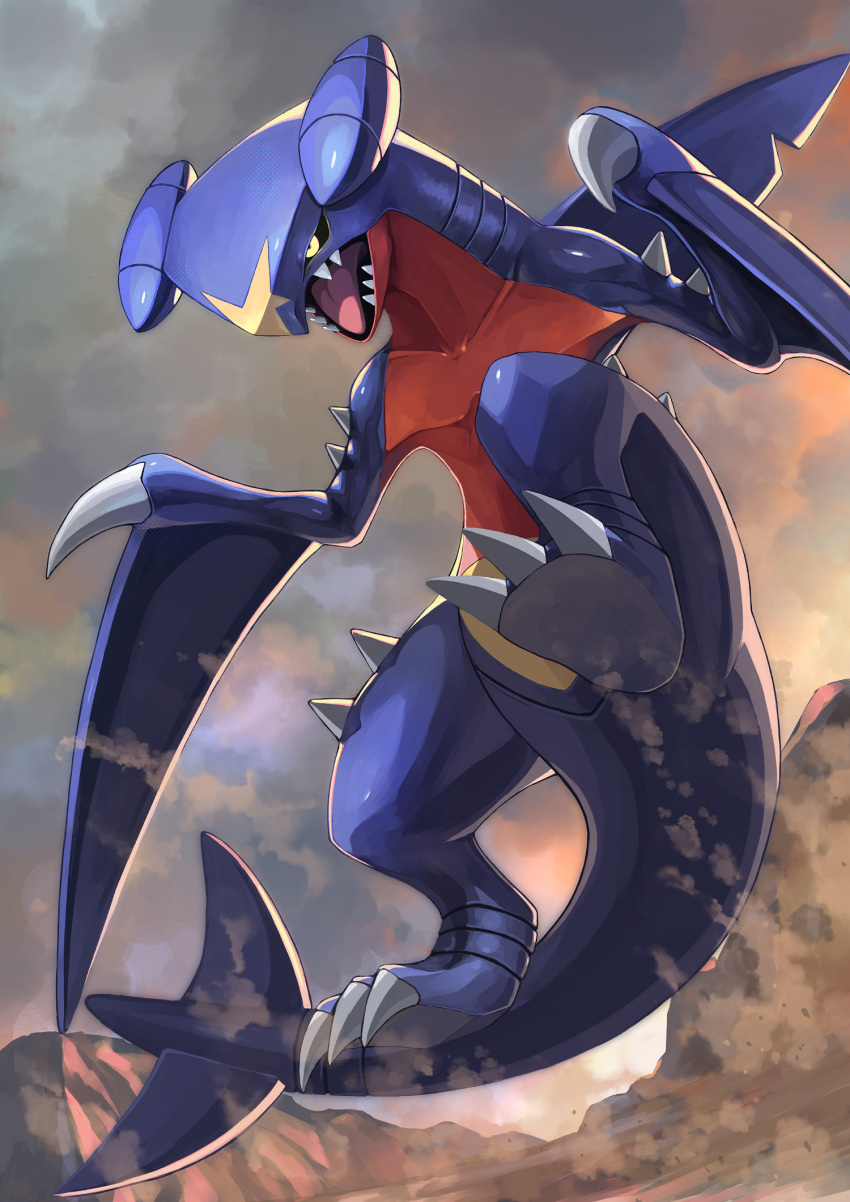black_sclera, claws, commentary, dragon, fangs, from_below, garchomp, gen_4_pokemon, glowing, glowing_eyes, highres, no_humans, open_mouth, outstretched_arms, pokemon, pokemon_(creature), sand, solo, tail, tesshii_(riza4828), tongue, yellow_eyes