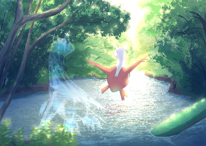 commentary_request, day, forest, from_behind, gen_3_pokemon, hatoro_kuroyoshi, latias, latios