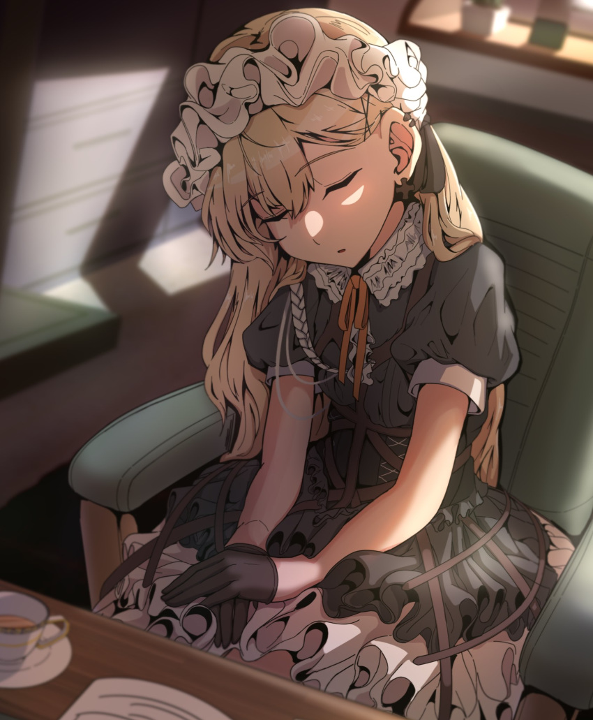1girl, black_gloves, breasts, closed_eyes, commission, dress, frilled_dress, frilled_hairband, frills, girls_frontline, gloves, hairband, highres, llpfmfc, long_hair, medium_breasts, ppk_(girls_frontline), puffy_short_sleeves, puffy_sleeves, short_sleeves, skeb_commission, sleeping, solo, very_long_hair
