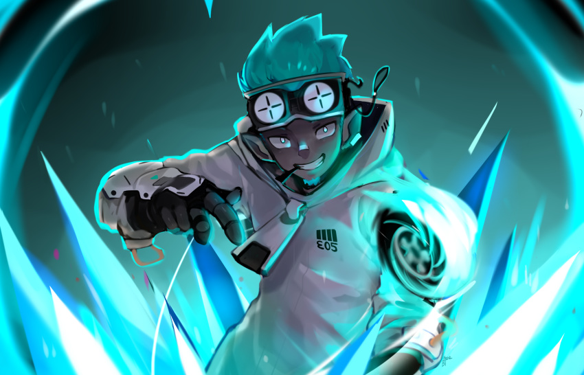 1boy, aqua_hair, arknights, artist_name, benzbt, black_gloves, coat, dark_skin