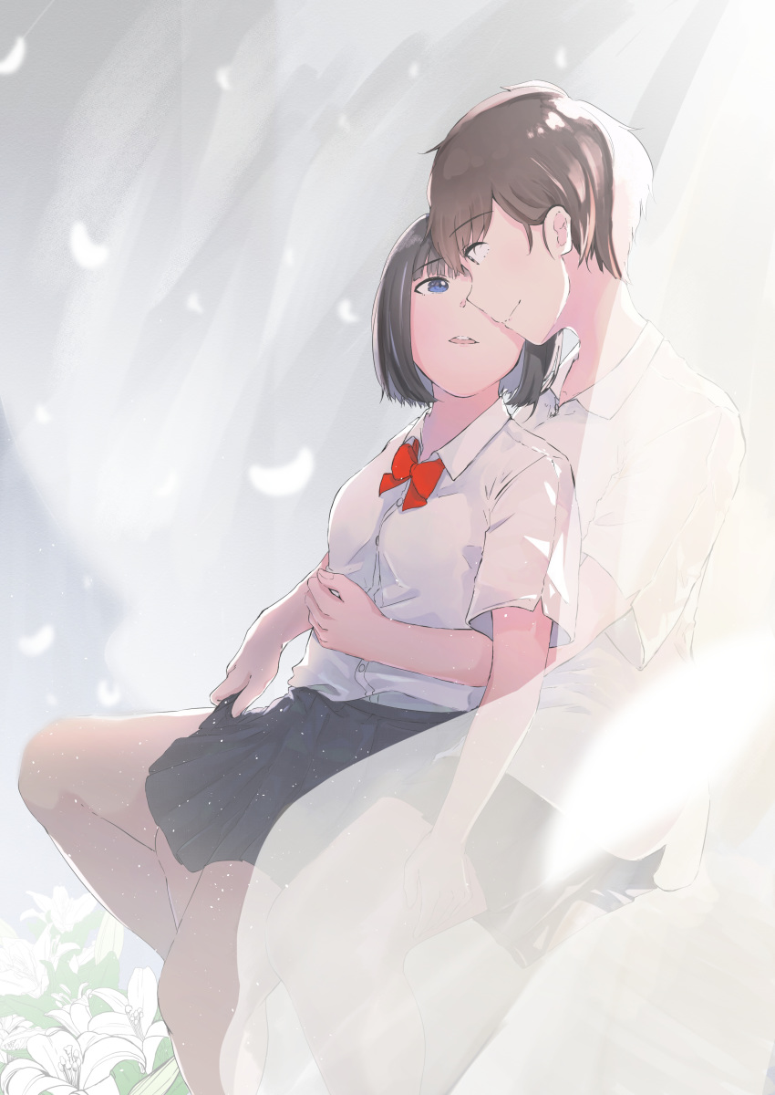 2girls, absurdres, black_hair, black_skirt, blue_eyes, bow, brown_eyes, brown_hair