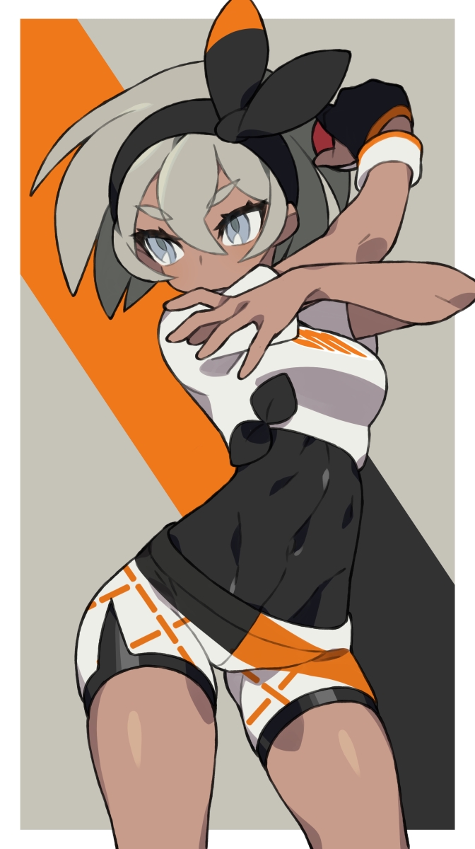 1girl, bangs, bea_(pokemon), black_bodysuit, black_hairband, bodysuit, bodysuit_under_clothes, bow_hairband
