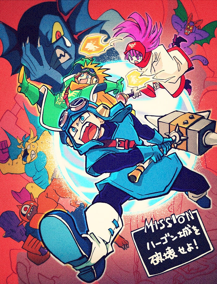 1girl, 6+boys, atlas_(dragon_quest), bazuzu, belial_(dragon_quest), blonde_hair, blue_eyes, club