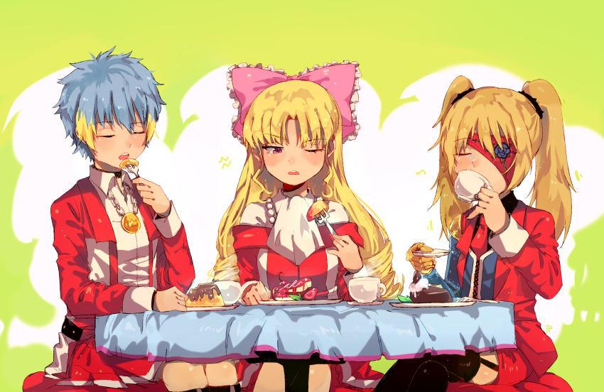 3girls, absurdres, bangs, benzbt, black_legwear, blonde_hair, bow, cake