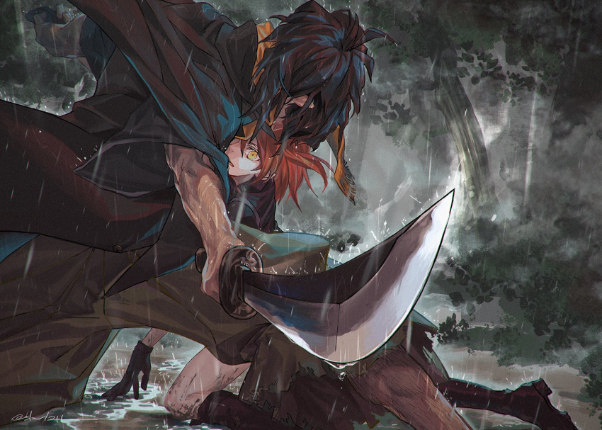 1boy, 1girl, black_gloves, black_hair, black_shirt, boots, brown_pants, cape