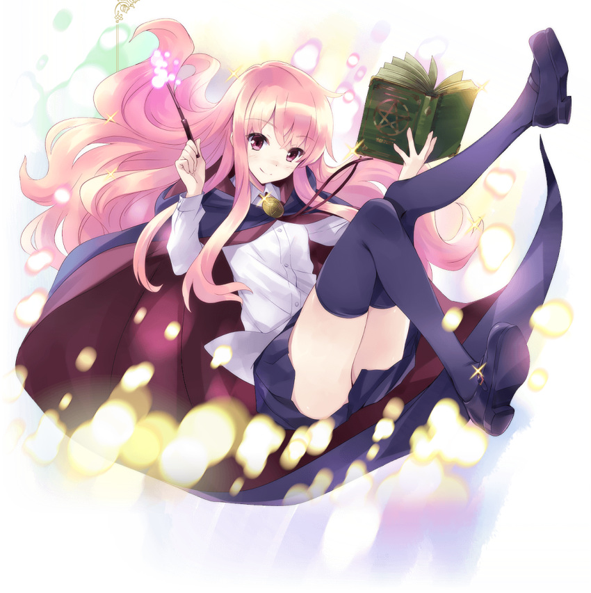 blue_legwear, blue_skirt, bolo_tie, book, buttons, holding, holding_book, holding_wand