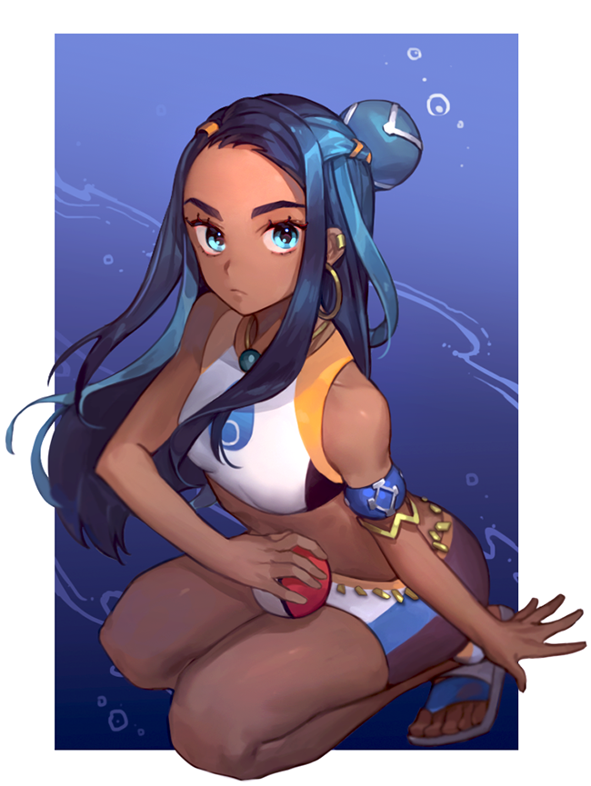 1girl, armlet, belly_chain, bike_shorts, black_hair, blue_eyes, border, bubble, closed_mouth, commentary_request, dark_skin, earrings, eyelashes, gym_leader, hair_bun, holding, holding_poke_ball, hoop_earrings, jewelry, jubi_(bynl), long_hair, looking_at_viewer, multicolored_hair, nessa_(pokemon), outside_border, poke_ball, poke_ball_(basic), pokemon, pokemon_(game), pokemon_swsh, sandals, solo, spread_fingers, toes, two-tone_hair, white_border