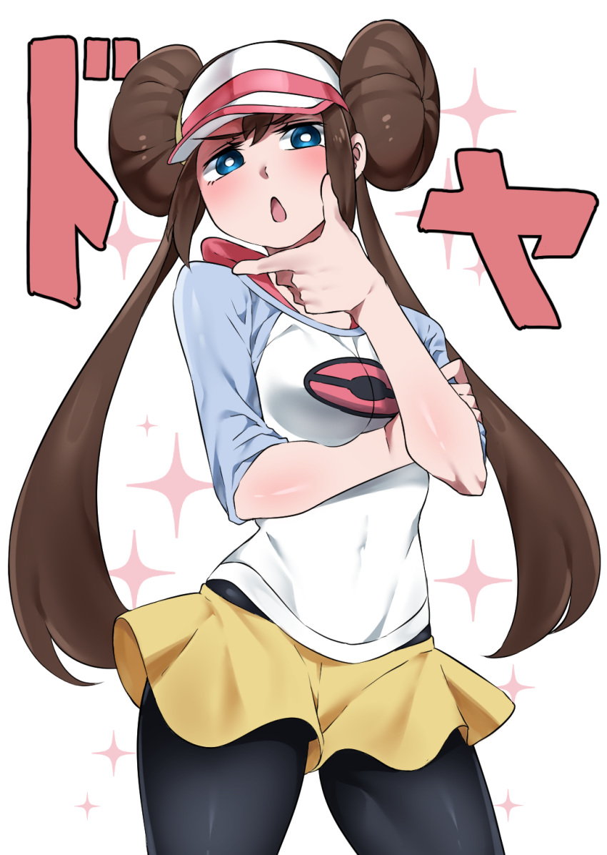 1girl, black_legwear, blue_eyes, blush, bow, breasts, brown_hair, chin_stroking, commentary_request, covered_navel, double_bun, geroro44, highres, legwear_under_shorts, long_hair, open_mouth, pantyhose, pink_bow, pokemon, pokemon_(game), pokemon_bw2, pokemon_masters_ex, raglan_sleeves, rosa_(pokemon), shirt, short_shorts, shorts, solo, tongue, twintails, visor_cap, yellow_shorts