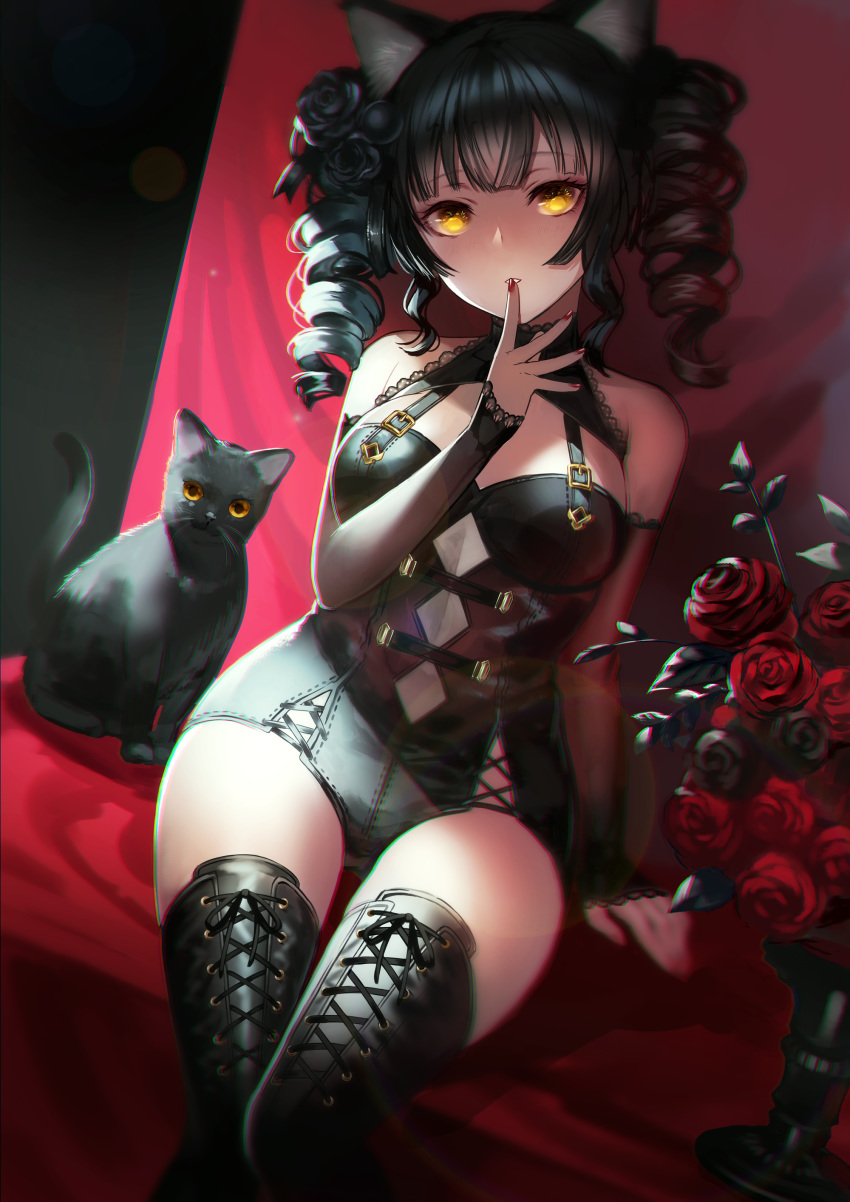 1girl, absurdres, anaglyph, animal_ears, arm_support, bangs, bare_shoulders, black_cat, black_flower, black_hair, black_rose, blunt_bangs, boots, breasts, cat, cat_ears, commentary_request, cross-laced_footwear, detached_sleeves, drill_hair, finger_to_mouth, fingernails, flower, hair_flower, hair_ornament, head_tilt, highres, looking_at_viewer, medium_breasts, nail_polish, original, parted_lips, red_flower, red_rose, rose, short_hair, short_twintails, sidelocks, sitting, solo, terai_(teraimorimori), thigh-highs, thigh_boots, thigh_gap, twin_drills, twintails, yellow_eyes