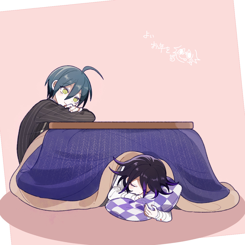 1202_koge, 2boys, ahoge, black_jacket, blue_hair, border, checkered, closed_eyes