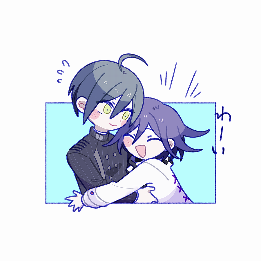 1202_koge, 2boys, :d, ^_^, ahoge, blue_background, blue_hair, blush