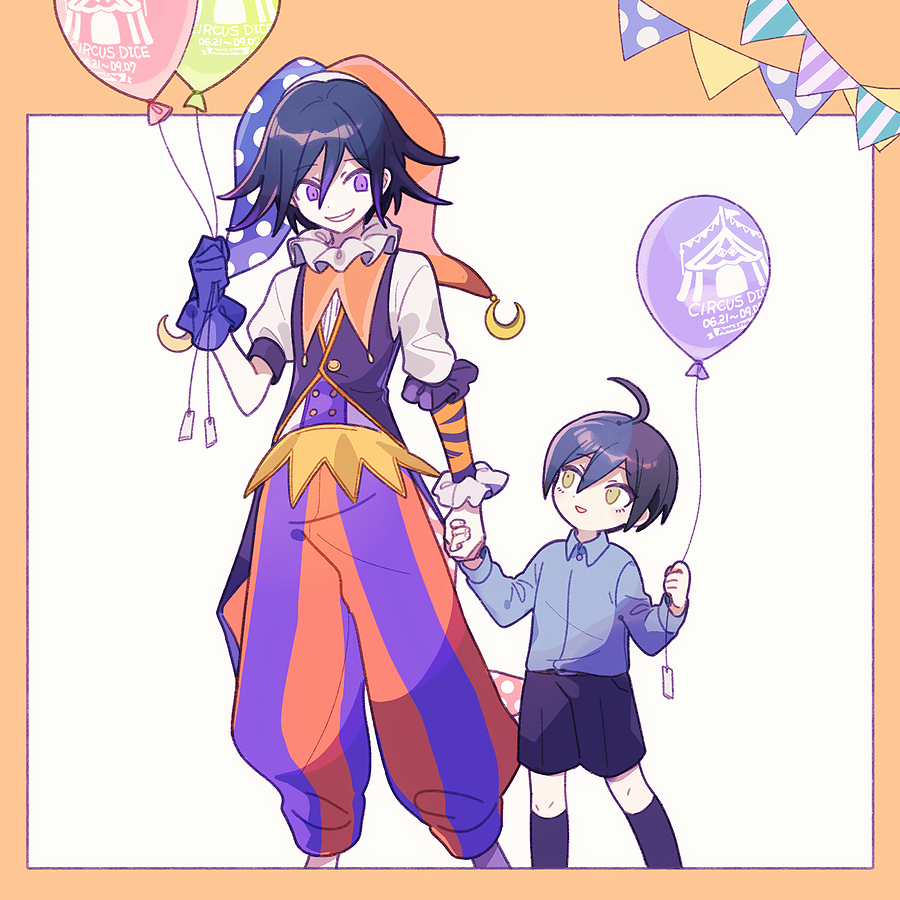 1202_koge, 2boys, ahoge, balloon, belt, belt_buckle, blue_hair, blue_shirt