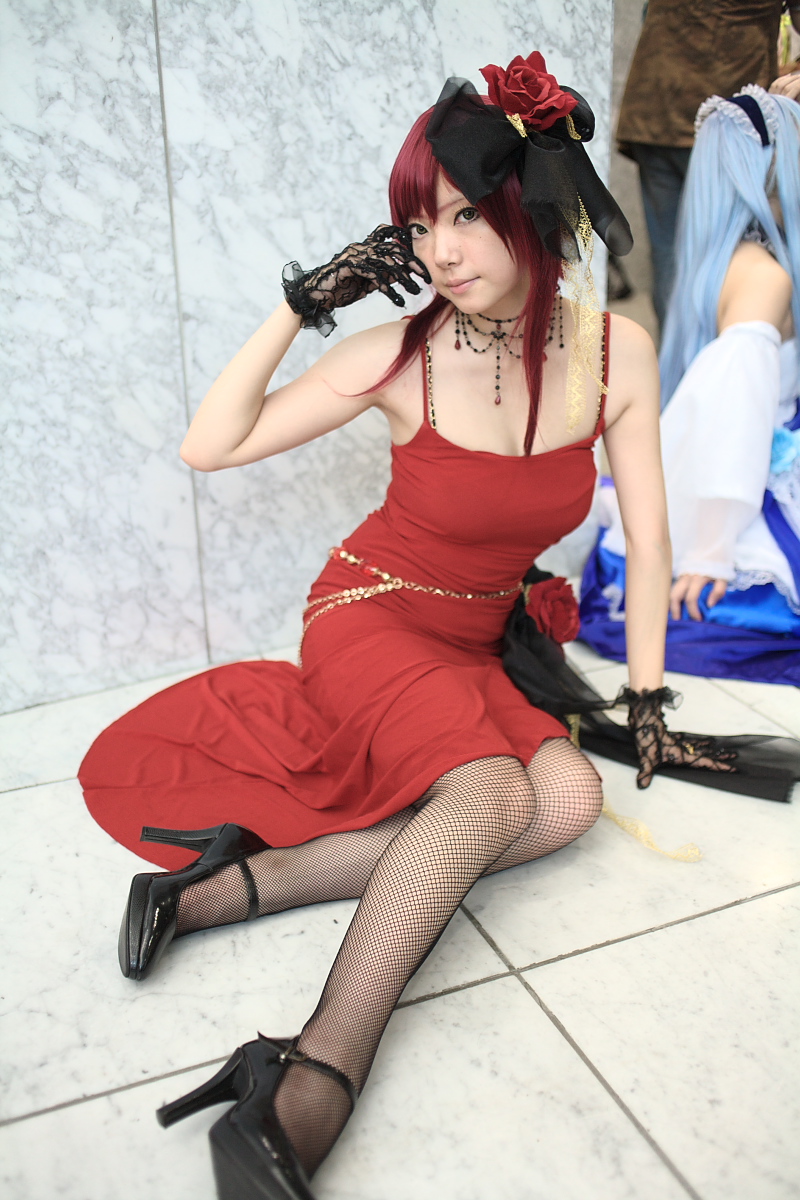 cosplay, dress, fishnet_stockings, flower, gloves, hair_ribbon, ibara, lace