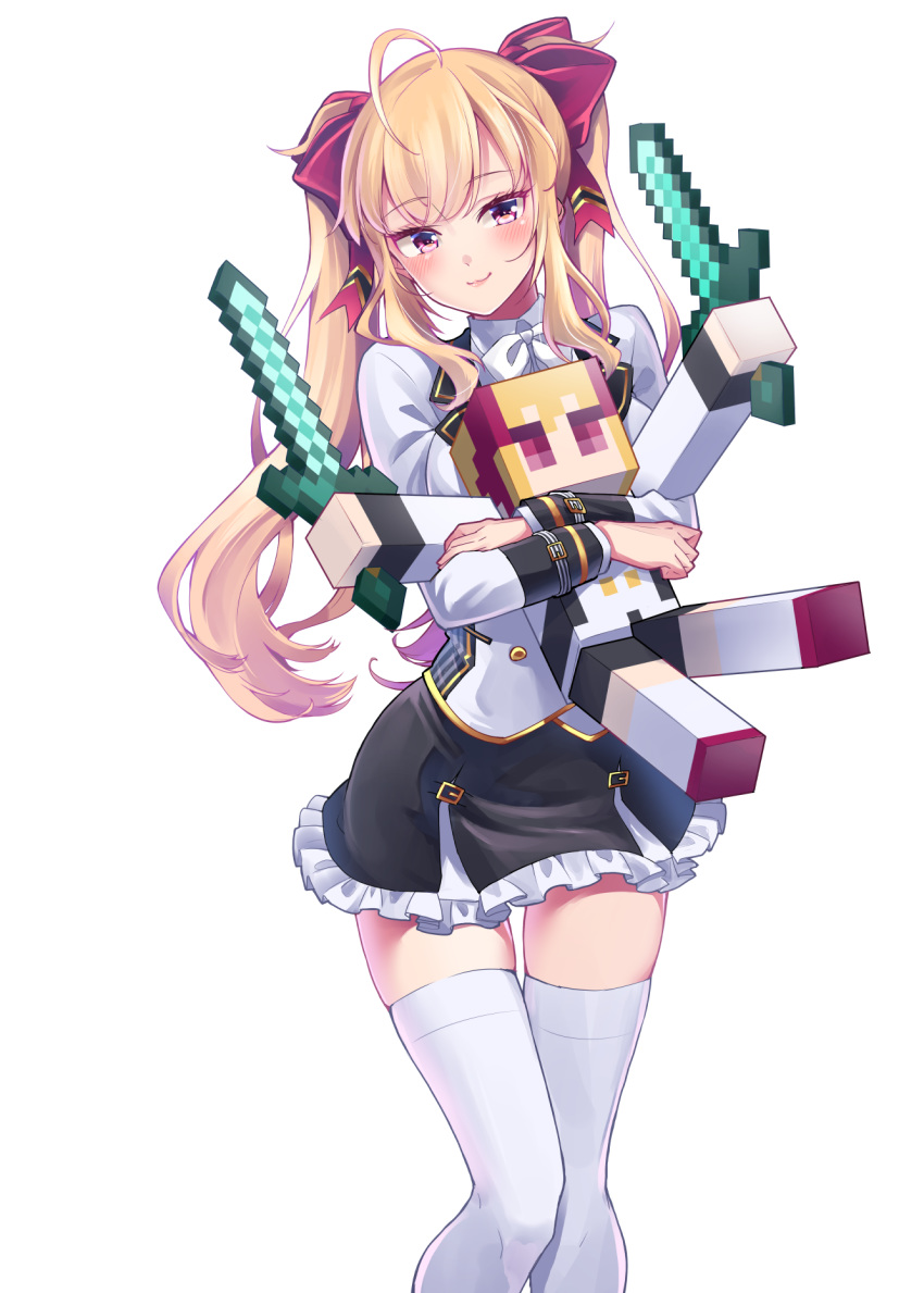 1girl, ahoge, blonde_hair, blush, bow, commentary_request, diamond_sword, dual_wielding