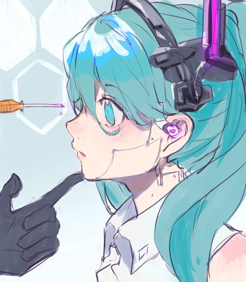 1girl, android, aqua_eyes, aqua_hair, bare_shoulders, black_gloves, cable, commentary