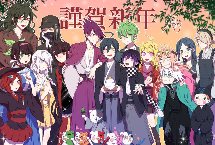 6+boys, 6+girls, ahoge, akamatsu_kaede, alternate_costume, amami_rantarou, antenna_hair, arm_up