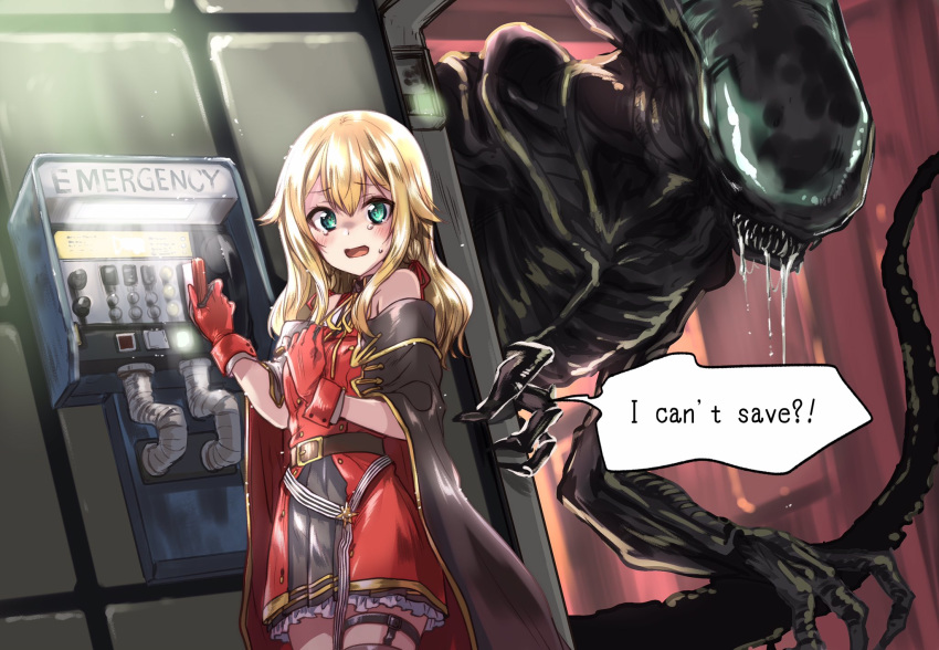1girl, alien, alien_(movie), blonde_hair, blush, cape, commission, drooling, english_text, green_eyes, highres, hoshino_char, kuroi_mimei, looking_at_viewer, open_mouth, phone, scared, sharp_teeth, skeb_commission, speech_bubble, teeth, tsunderia, virtual_youtuber, xenomorph