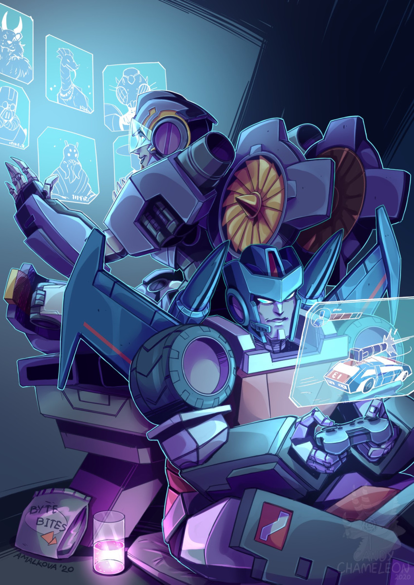1boy, 1girl, autobot, blue_eyes, candy_chameleons, collaboration, cup, english_commentary