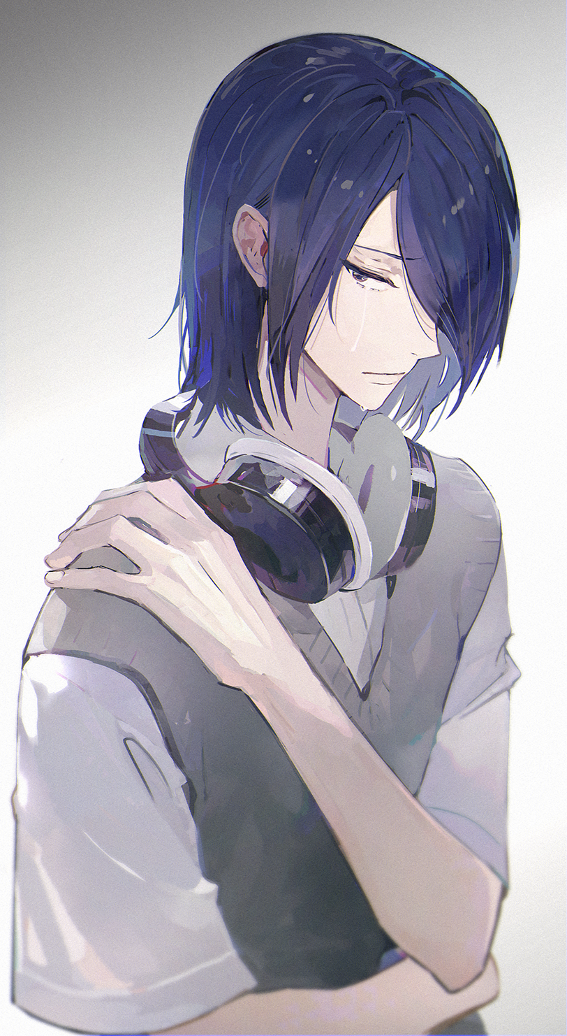 1boy, a2ki, closed_mouth, commentary_request, hair_over_one_eye, headphones, headphones_around_neck, highres