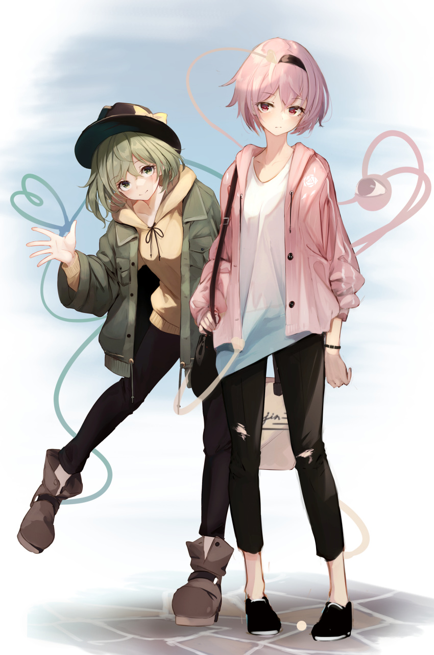 2girls, absurdres, adapted_costume, alternate_costume, asymmetrical_clothes, bag, black_bag, black_footwear