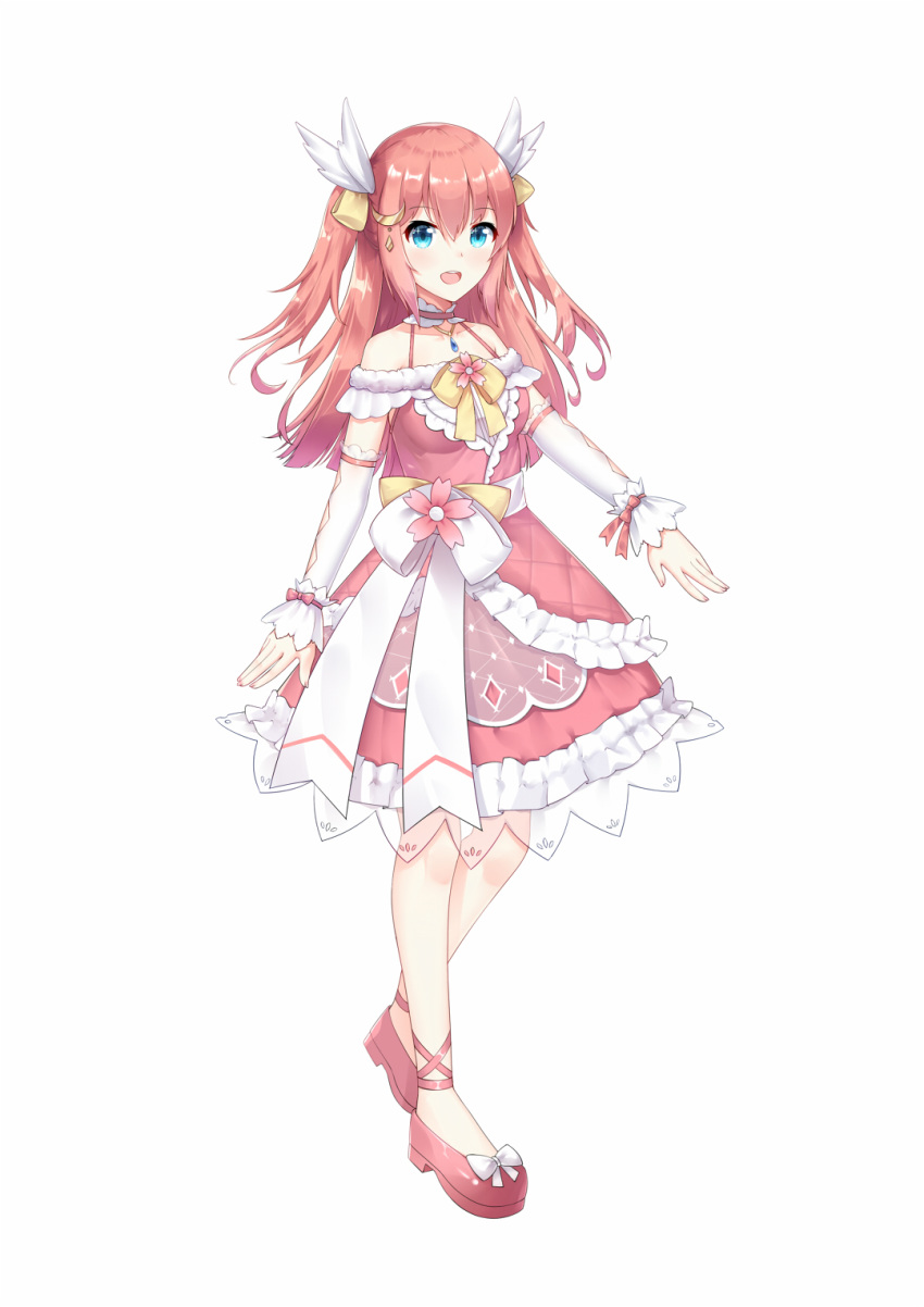 1girl, :d, bangs, bare_shoulders, blue_eyes, blush, bow, chihong_de_tianshi, commentary_request, detached_sleeves, dress, eyebrows_visible_through_hair, frilled_dress, frills, full_body, hair_between_eyes, highres, long_hair, long_sleeves, looking_at_viewer, off-shoulder_dress, off_shoulder, open_mouth, original, red_dress, red_footwear, redhead, shoes, simple_background, sleeves_past_wrists, smile, solo, standing, standing_on_one_leg, two_side_up, upper_teeth, very_long_hair, white_background, white_bow, white_sleeves, wing_hair_ornament, yellow_bow