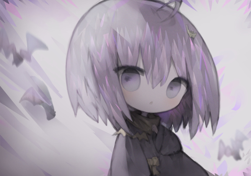 1girl, ahoge, animal, bangs, bat, black_robe, brown_scarf, chibi, commentary_request, cottontailtokki, eyebrows_visible_through_hair, hair_between_eyes, hair_ornament, hand_up, long_sleeves, looking_at_viewer, parted_lips, purple_hair, robe, scarf, shadowverse, shingeki_no_bahamut, solo, spinaria_(shingeki_no_bahamut), upper_body, violet_eyes, wide_sleeves