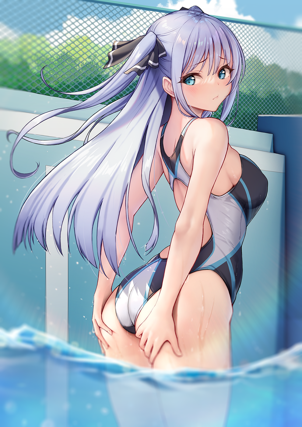 1girl, aqua_eyes, ass, ass_grab, back, bangs, bare_legs, blue_sky