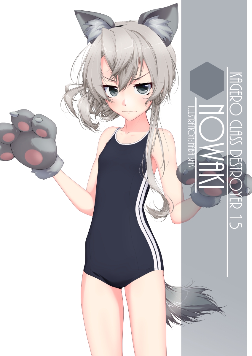 1girl, animal_ears, artist_name, asymmetrical_hair, bangs, black_swimsuit, character_name, claws