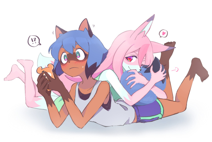 !?, 2girls, animal_ears, blue_hair, brand_new_animal, cellphone, commentary_request, dolphin_shorts