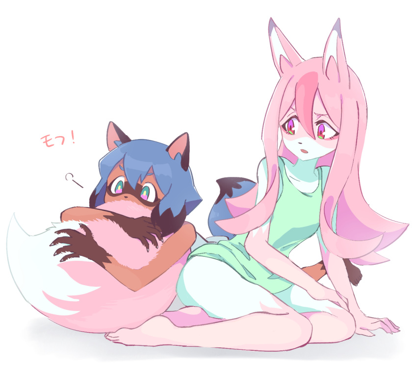 2girls, animal_ears, annoyed, blue_hair, brand_new_animal, couple, furry, green_eyes