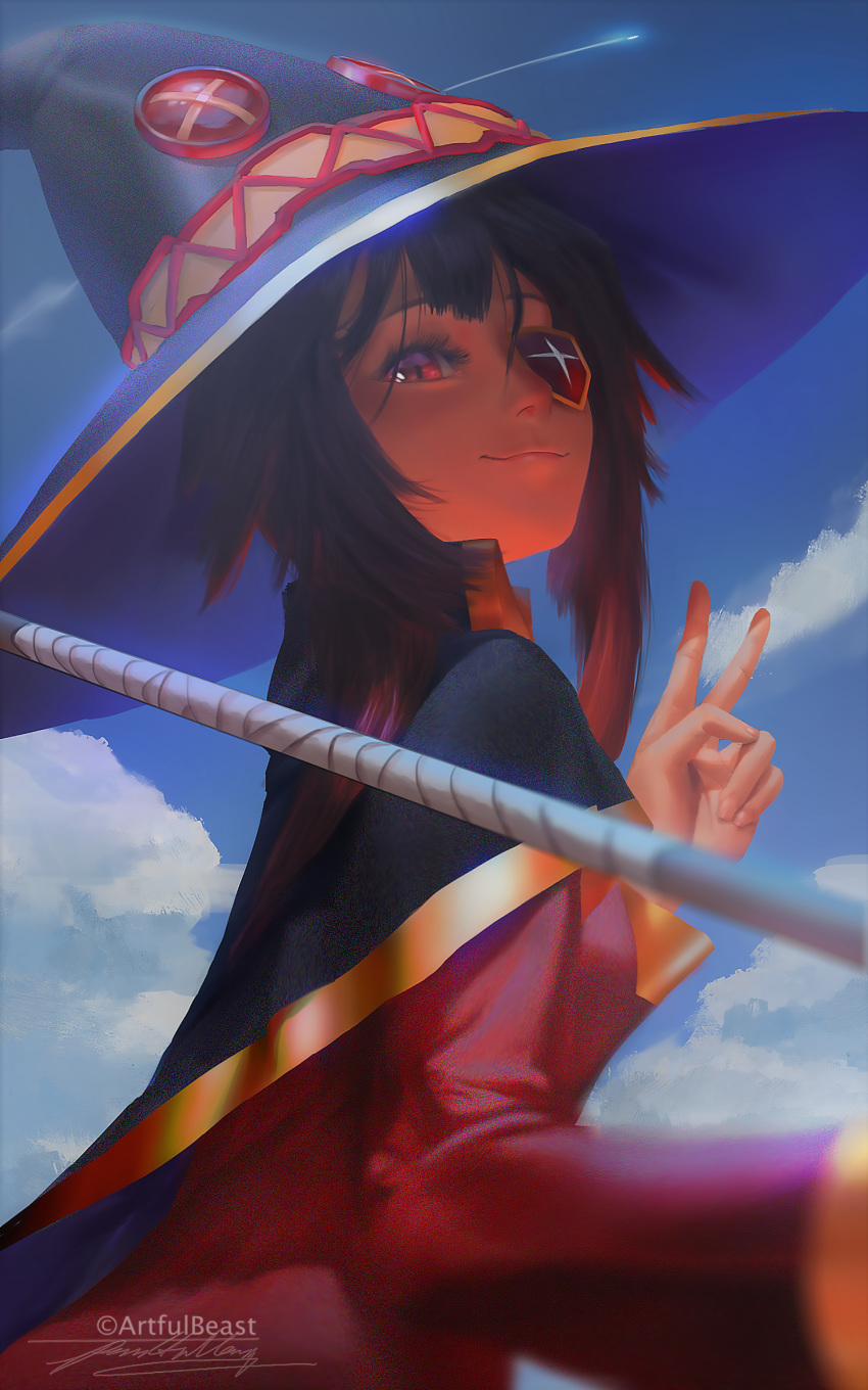 1girl, :3, absurdres, bangs, black_headwear, brown_hair, cape, clouds