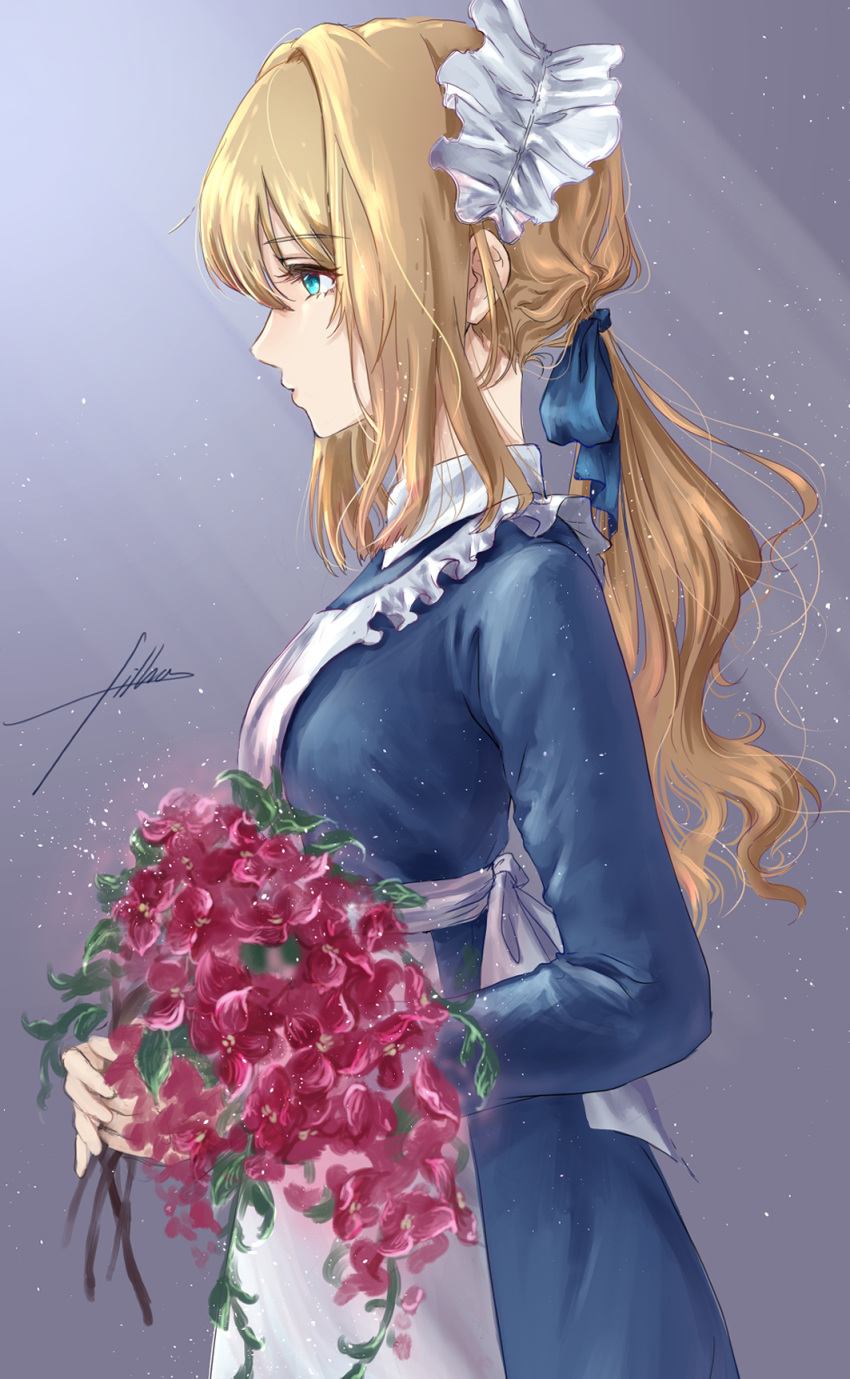 1girl, alternate_costume, apron, aqua_eyes, blonde_hair, blue_dress, blue_eyes, bougainvillea_(flower)