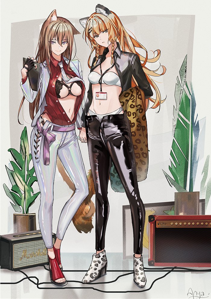 2girls, animal_ears, anya_pandaria, anya_pandaria_(artist), atelier_live, brown_hair, center_opening, formal