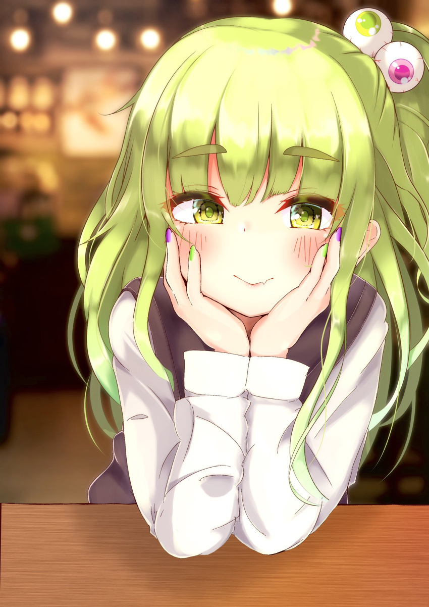 1girl, black_vest, blush, closed_mouth, commentary, elbows_on_table, eyeball_hair_ornament, eyebrows_visible_through_hair