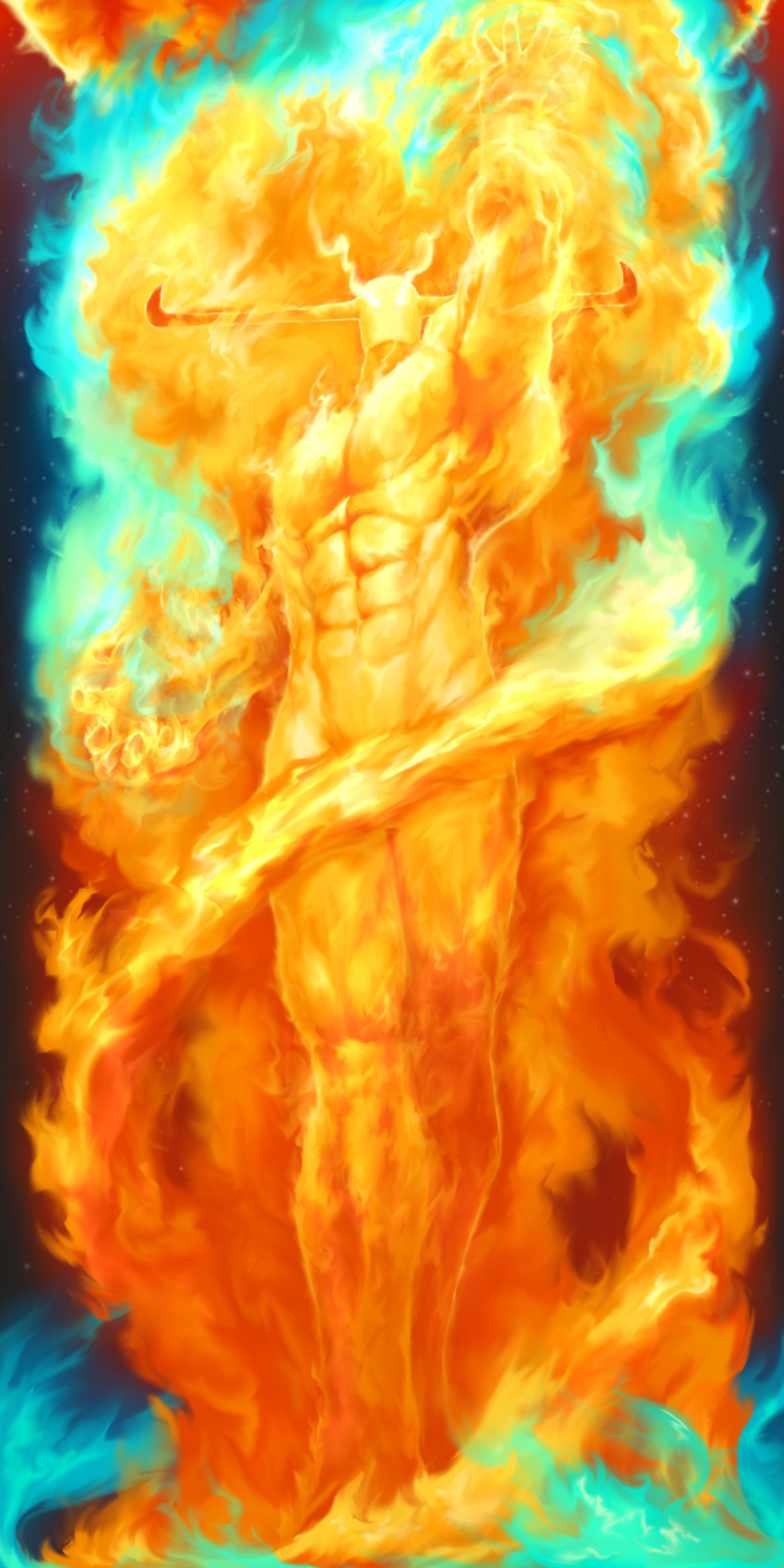 abs, absurdres, arm_up, armpits, creature, fire, flame, full_body, glowing, glowing_eyes, highres, horns, muscle, pyron, rampage_(leedash2), solo, vampire_(game)