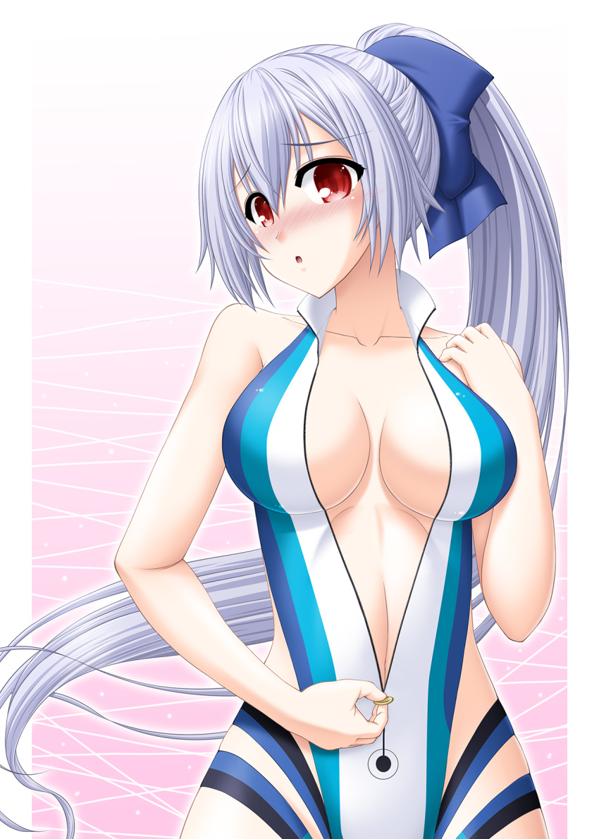 1girl, :o, bare_shoulders, blue_bow, blue_swimsuit, blush, border, bow