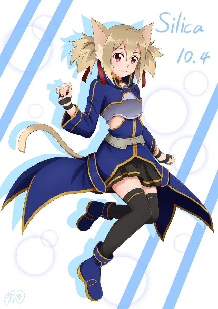 1girl, animal_ear_fluff, animal_ears, bangs, black_legwear, black_skirt, blue_footwear, breastplate
