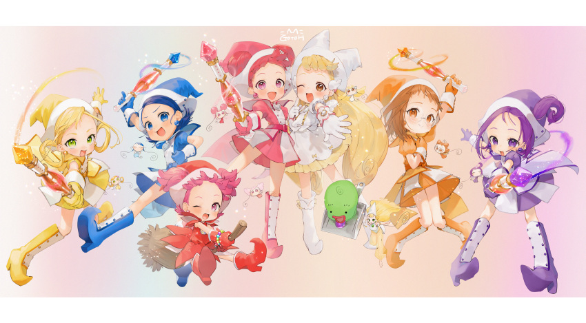 6+girls, ;d, absurdres, arm_up, artist_name, asuka_momoko, bangs, blonde_hair