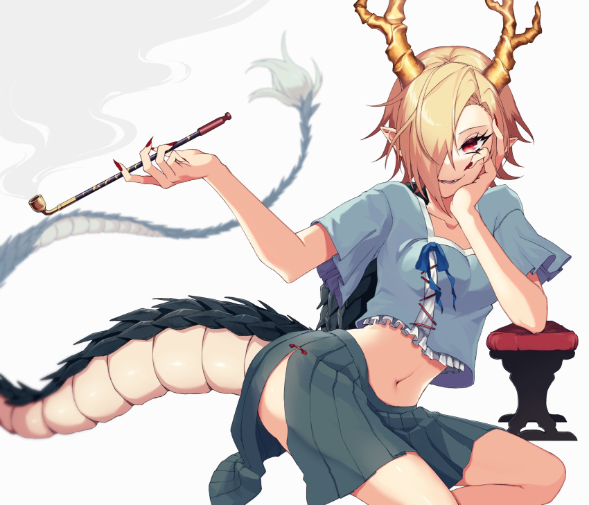 1girl, blonde_hair, blue_ribbon, blue_shirt, breasts, collarbone, commentary_request, dragon_horns, dragon_tail, elbow_rest, eyelashes, feet_out_of_frame, fingernails, green_skirt, hair_over_one_eye, hand_on_own_cheek, highres, holding, holding_pipe, horns, kicchou_yachie, kiseru, long_fingernails, looking_at_viewer, mazac, medium_breasts, midriff, navel, open_mouth, parted_lips, pipe, pointy_ears, red_eyes, red_nails, ribbon, sharp_fingernails, shell, shirt, short_hair, short_sleeves, side_slit, simple_background, skirt, smile, smoke, solo, tail, touhou, white_background